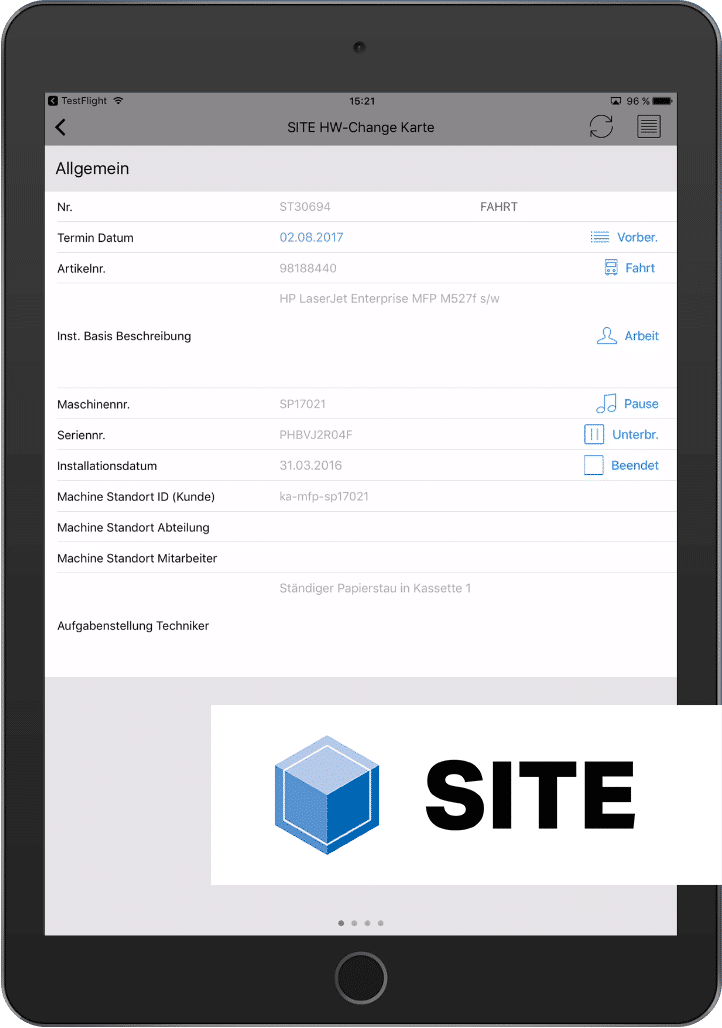 SITE Hardware Change Card with general service task information and time recording possibility
