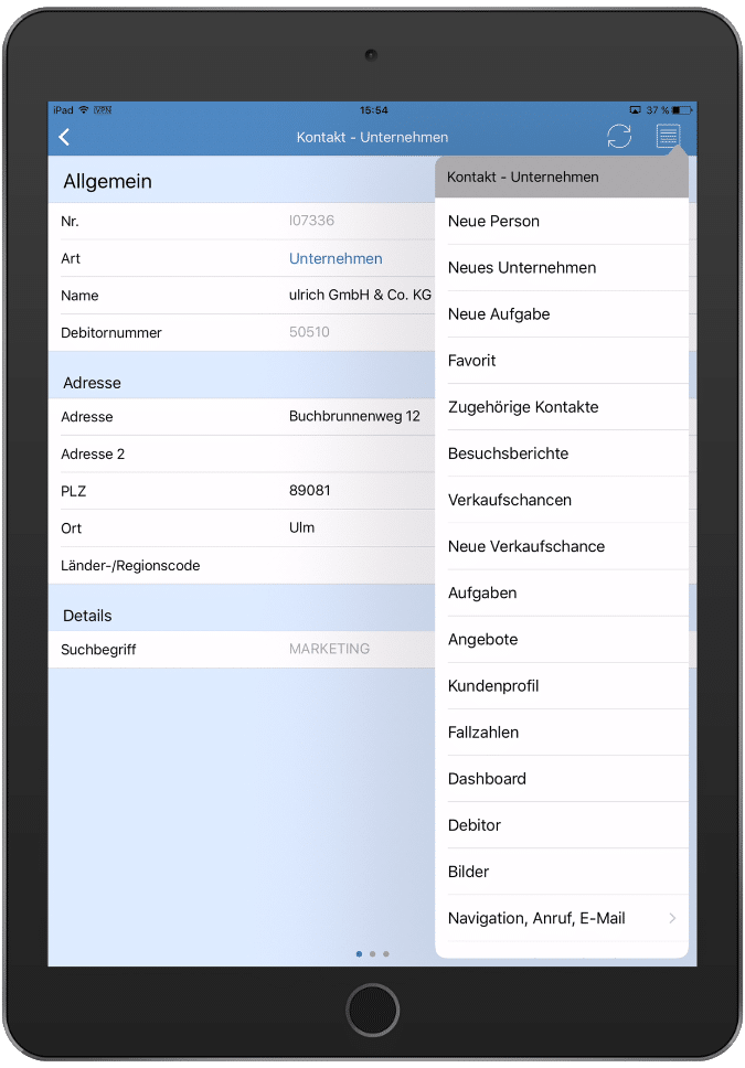 Screenshot Anveo Sales App contact menu